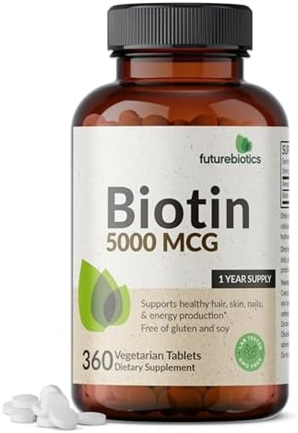 Futurebiotics Biotin 5000 Mcg Supports Healthy Hair Skin Nails & Energy Production Nongmo 360 Vegetarian Tablets (1 Year Supply)