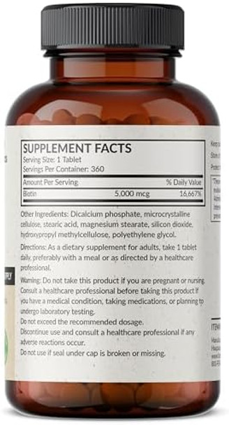 Futurebiotics Biotin 5000 Mcg Supports Healthy Hair Skin Nails & Energy Production Nongmo 360 Vegetarian Tablets (1 Year Supply)
