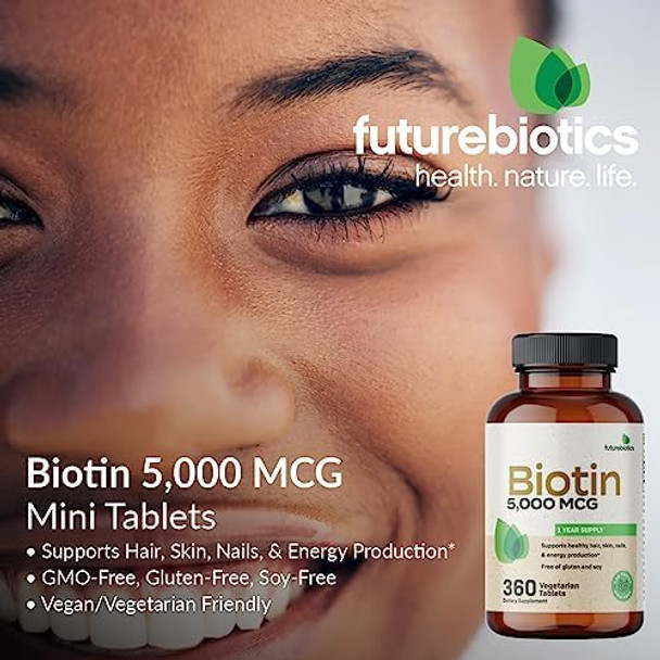 Futurebiotics Biotin 5000 Mcg Supports Healthy Hair Skin Nails & Energy Production Nongmo 360 Vegetarian Tablets (1 Year Supply)