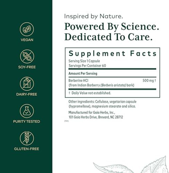 Gaia Herbs Pro Berberine Metabolic Supplement Supplement With Berberine Hci Vegan Gluten Soy 60 Capsules (60 Servings)