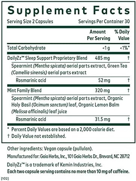 Gaia Herbs Pro Somnimint Rosmarinic Complex Sleep Health & Relaxation Support Supplement Restful Sleep Support With Spearmint Green Tea & Lemon Balm 60 Capsules (30 Servings)