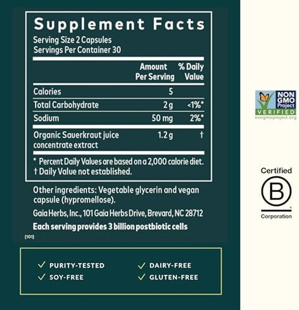 Gaia Herbs Sauerkraut Postbiotic Natural Gut Health & Immune Support Supplement Made With Fermented Sauerkraut From Dairy Soy & Gluten 60 Vegan Capsules (30 Servings)