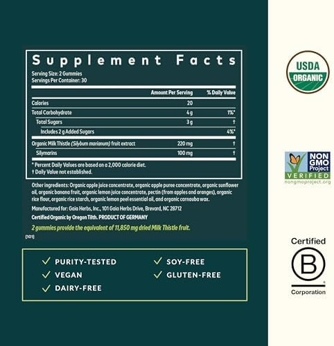 Gaia Herbs Milk Thistle Gummies Herbal Supplement With Antioxidant Properties For Liver Health & Liver Detox Lemon Flavored 60 Vegan Gummies