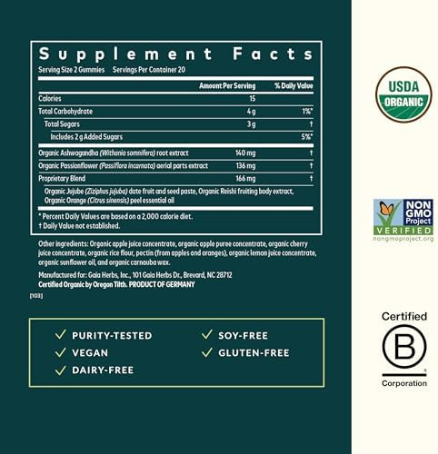 Gaia Herbs Organic Sleep Gummies Sleep Support Ashwagandha Organic Reishi Mushroom Passionflower Usda Organic Nongmo Gluten Vegan 40 Count