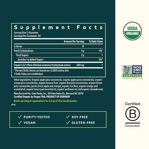 Gaia Herbs Lion'S Mane Mushroom Natural Brain Support Supplement Made With Organic Lion'S Mane Mushrooms From Gluten Soy & Dairy 60 Vegan Gummies (30 Servings)