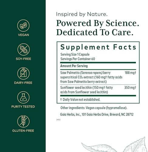 Gaia Herbs Pro Saw Palmetto Healthy Prostate Gland Support Supplement Herbal Supplement With Saw Palmetto & Sunflower Seed Vegan Gluten Soy 60 Liquid Phytocaps (60 Servings)