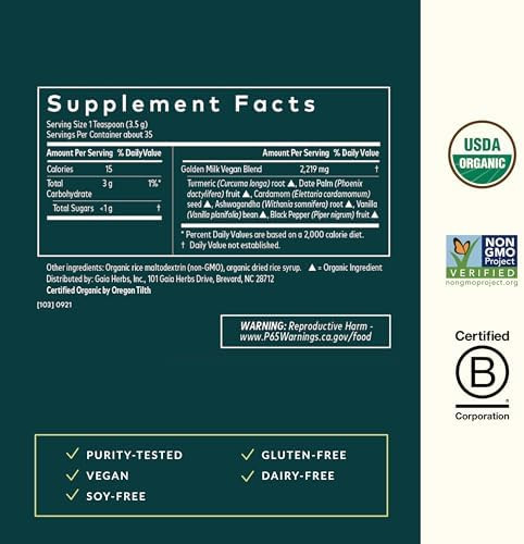 Gaia Herbs Golden Milk Supplement Powder Made With Organic Turmeric Curcumin Black Pepper Ashwagandha Dates Cardamom And Vanilla For An Ayurvedic Cup Of Natural Calm 4.3 Oz (35Day Supply)