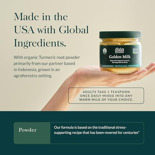 Gaia Herbs Golden Milk Supplement Powder Made With Organic Turmeric Curcumin Black Pepper Ashwagandha Dates Cardamom And Vanilla For An Ayurvedic Cup Of Natural Calm 4.3 Oz (35Day Supply)