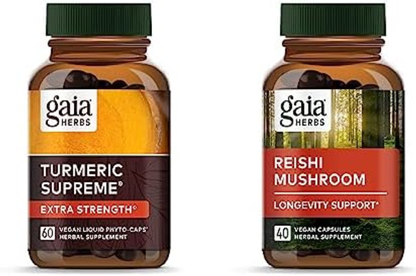 Gaia Herbs Turmeric Supreme Extra Strength 60 Vegan Liquid Phytocapsules & Reishi Mushroom Immune System & Supports Heart Health 40 Vegan Liquid Phytocapsules (2 Pack)