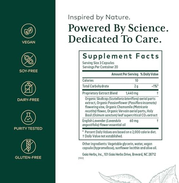 Gaia Herbs Pro Calm Restore Nervous System Support Supplement Calm Support Supplement With Skullcap Chamomile Holy Basil & Lavender 60 Liquid Phytocaps (20 Servings)