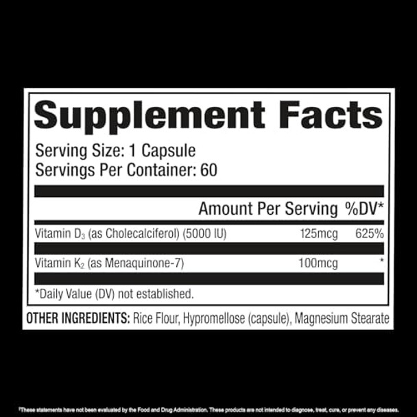 Gat Sport Vitamin D3 K2 5000 Iu (125 Mcg) Vitamin D 60 Day Supply Dietary Supplement For Bone Teeth Muscle And Immune Health Support 60 Veggie Caps