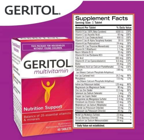 Geritol Multivitamin Supplement Contains Bvitamins Antioxidants Vitamins C E & D And Iron 26 Essential Vitamins And Minerals Gluten Nongmo No Artificial Sweeteners 40 Tablets