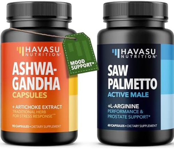 Havasu Nutrition High Strength Ashwagandha Supplement Capsules (45 Servings) & Saw Palmetto 500Mg Larginine 500Mg Complex (30 Servings)