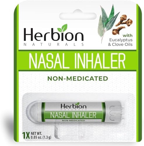 Herbion Naturals Nasal Inhaler Nonmedicated Relieves Nasal Congestion & Blockage Sinusitis Conditions Menthol Clove Oil Eucalyptus Oil & Camphor 0.05 Fl Oz (1.5Ml)
