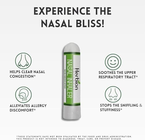 Herbion Naturals Nasal Inhaler Nonmedicated Relieves Nasal Congestion & Blockage Sinusitis Conditions Menthol Clove Oil Eucalyptus Oil & Camphor 0.05 Fl Oz (1.5Ml)