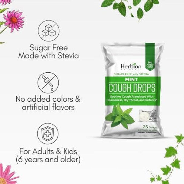 Herbion Naturals Cough Drops Sugar With Stevia Dietary Supplement Soothes Cough For Adults & Children Over 6 Years 25 Drops (125 Count (Pack Of 5) Mint)