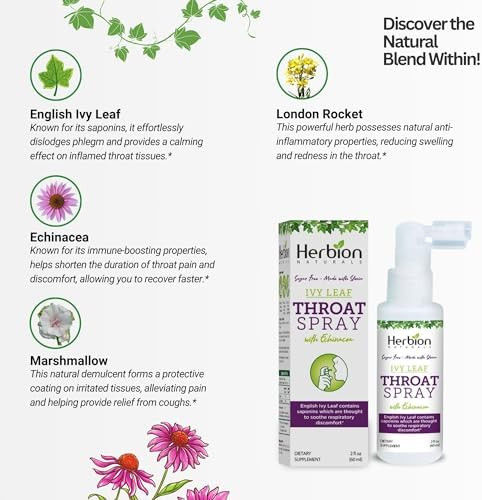 Herbion Naturals Throat Spray Soothes Respiratory Discomfort With The Power Of English Ivy Marshmallow And Ecea Extracts For Adults And Children 2 Fl Oz (60 Ml) Pack Of 6