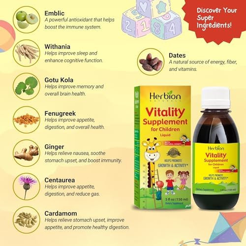Herbion Naturals Vitality Supplement For Children Promotes Growth And Appetite Relieves Fatigue Improves Mental & Physical Performance For Kids 1 Year & Above 5 Fl Oz (Pack Of 1)
