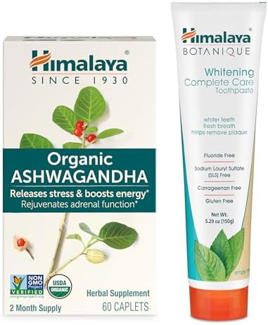 Himalaya Organic Ashwagandha 60Ct For Energy Support & Occasional Sleeplessness Plus Whitening Complete Care Toothpaste Fluoride Mint Flavor 2Product Bundle