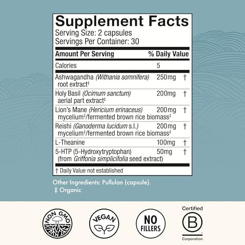 Host Defense Mycobenefits Mood Capsules Healthy Mind Support With Lion'S Mane Ltheanine & Ashwagandha Relaxing & Calming Supplement 60 Capsules (30 Servings)
