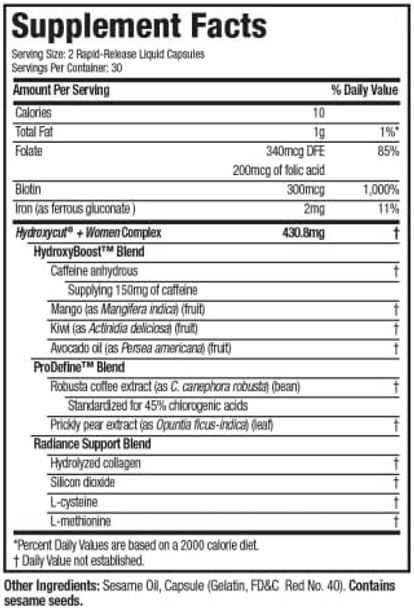 Hydroxycut +Women 60 Rapidrelease Liquid Capsules Includes Biotin Collagen Folate & Iron