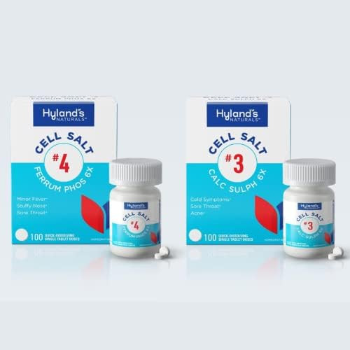 Bundle Of Hyland'S #4 Ferrum Phos 6X Decongestant Sinus Relief Inflammation Supplement And #3 Calcarea Sulphurica 6X Cell Salts Relief Of Colds Sore Throat Acne 100 Ct Each