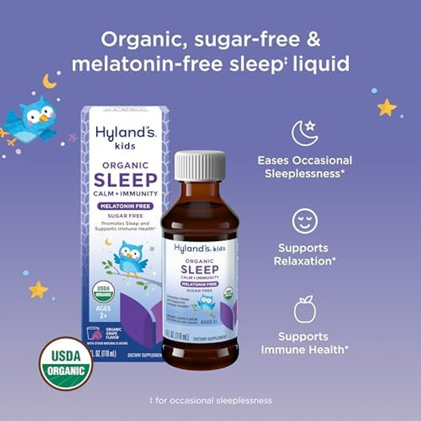 Hyland'S Kids Melatonin Organic Sleep Calm And Immunity Liquid Sugar Promotes Sleep And Supports Immune Health Ages 2 And Up Grape Flavor 4 Fl. Oz.