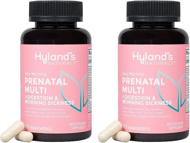 Hyland'S Easy Morning Prenatal Multivitamin And Digestive Health And Morning Sickness Relief 60 Vegan Capsules With Folate Choline Zinc Ginger Root Prebiotics And Algae Dha