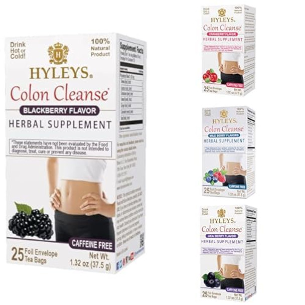 Hyleys Colon Cleanse Tea Blackberry Cranberry Wild Berries & Acai Berry Flavors 25 Tea Bags (4 Pack)