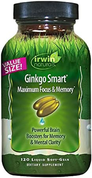 Irwin Naturals Ginkgo Smart Powerful Nootropic Brain Booster Supports Maximum Memory Focus & Mental Clarity With Dmae Clubmoss Choline & Acetyl Lcarnitine 120 Liquid Softgels