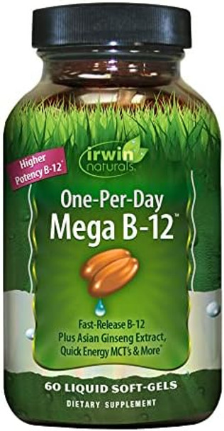 Irwin Naturals Oneperday Mega B12 1500Mcg High Potency Methylcobalamin Vitamin Fast Enhanced Absorption With Mct + Asian Ginseng Natural Energy Boost 60 Liquid Softgels