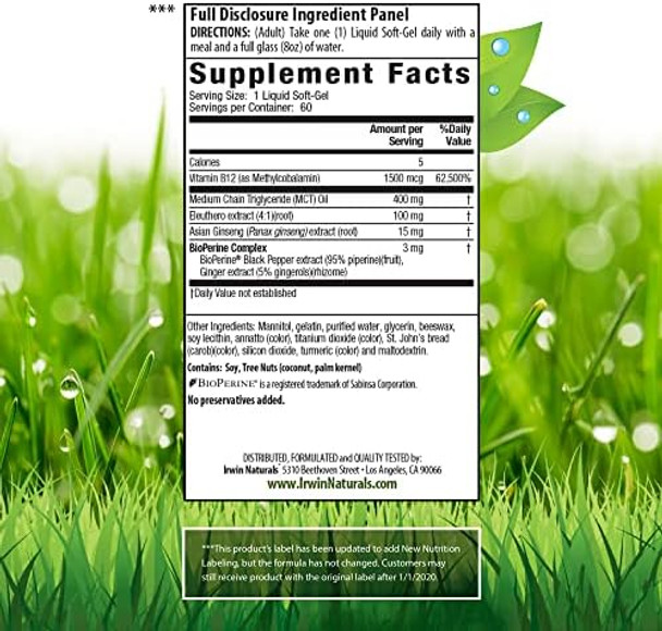 Irwin Naturals Oneperday Mega B12 1500Mcg High Potency Methylcobalamin Vitamin Fast Enhanced Absorption With Mct + Asian Ginseng Natural Energy Boost 60 Liquid Softgels