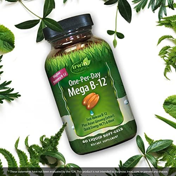Irwin Naturals Oneperday Mega B12 1500Mcg High Potency Methylcobalamin Vitamin Fast Enhanced Absorption With Mct + Asian Ginseng Natural Energy Boost 60 Liquid Softgels