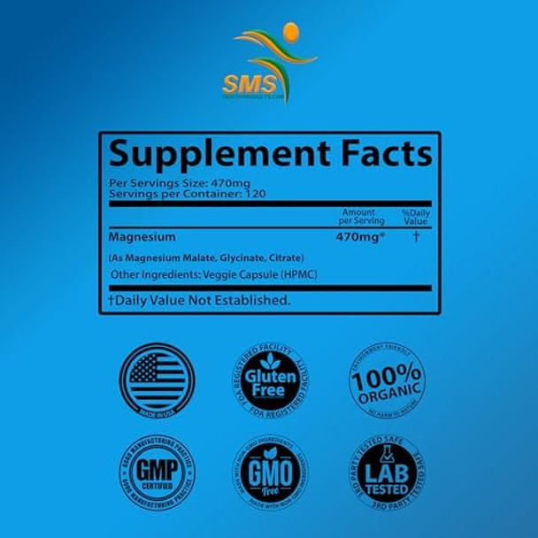 Smshealthproducts.Com Magnesium Complex470Mg Of Magnesium Glycinate Malate & Citrate For Muscles Nerves 120 Capsules