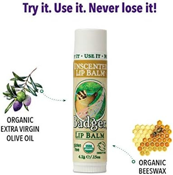 Badger Unscented Classic Lip Balm Usda  Organic Moisturizing 0.15 Oz (2 Pack)