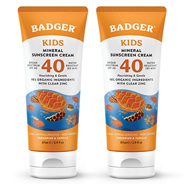 Badger Kids Mineral Sunscreen Cream Spf 40 98% Organic Ingredients Zinc Oxide Sunscreen For Kids Face & Body Water Resistant Reef Friendly Hawaii Approved Broad Spectrum Sunblock 2.9 Fl Oz