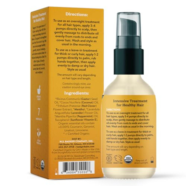 Badger Organic Castor Hair Oil For Thicker Fuller Looking Hair 100% Organic Castor Oil For Hair Growth & Restoration Red Clover & Peppermint Deep Hydrating Hair Oil 2 Fl Oz Glass Bottle