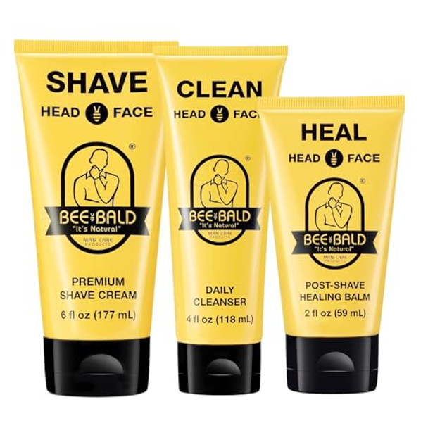 Bee Bald 3Pack With Shave Premium Shaving Cream Heal Postshave Healing Balm Clean Hydrating Facial Cleanser
