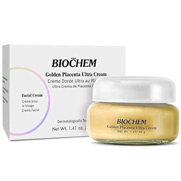 Biochem Golden Placenta Ultra Cream Antiaging Moisturizer W/Placenta Extract For Wrinkles Fine Lines & Collagen Support Natural Radiance Firming Toning & Hydrating For Face & Neck 1.41 Oz/40G