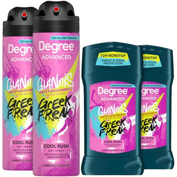 Degree Men’S Antiperspirant Deodorant Cool Rush Stick & Dry Spray Bundle Giannis Antetokounmpo “Greek Freak” Limited Edition 72H Sweat & Odor Protection (4 Piece Set)