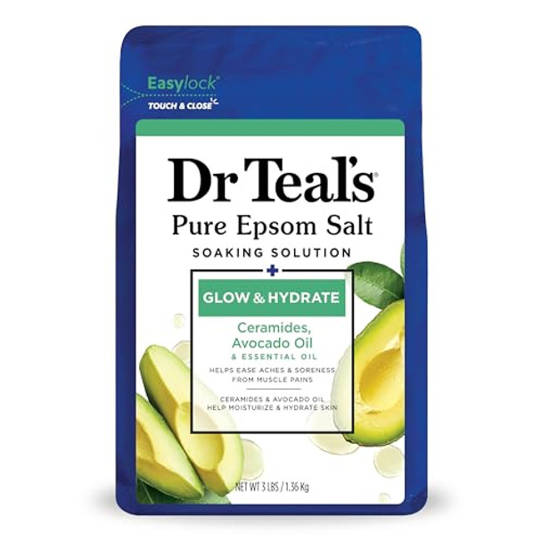 Dr Teal'S Pure Epsom Magnesium Salt Soak Glow & Hydrate With Ceramides & Avocado Essential Oils 3 Lbs