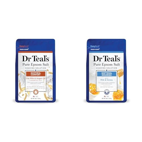 Dr Teal'S Pure Epsom Salt Soak Soothe & Comfort With Oat Milk & Argan Oil 3 Lbs & Epsom Salt Soaking Solution Soften & Nourish With Milk And Honey 48 Oz (Packaging May Vary)