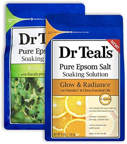 Dr Teal'S Pure Epsom Salt Bath Variety  Set (2 Pack 3Lb Ea.) Relax & Relief Eucalyptus & Spearmint Glow & Radiance Vitamin C & Citrus Essential Oils Soothe The Mind Alleviated Daily Stress