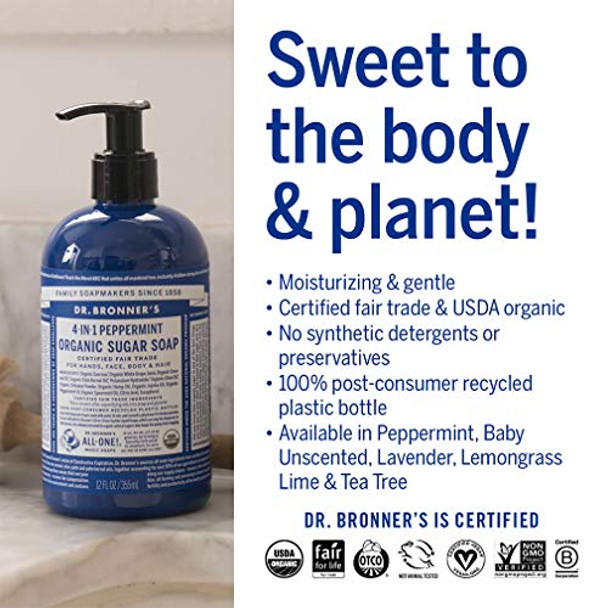 Dr. Bronner'S Organic Sugar Soap (Peppermint 64 Ounce) Made With Organic Oils Sugar & Shikakai Powder 4In1 Uses: Hand And Body Wash Face Hair Cleanses Moisturizes Nourishes Vegan