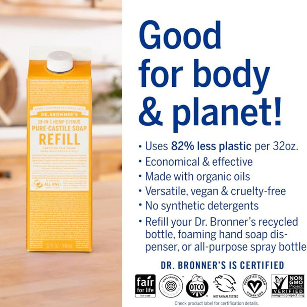 Dr. Bronner'S Magic Soappurecastile Liquid Soap Refill (Citrus 32 Ounce 2Pack)Regenerative Organic  Oils For Body Hair Laundry Pets & Dishes Concentrated Vegan Nongmo Dr. Bronner'S Magic Soappurecastile Liquid Soap Refill (Citrus 32 Ounce 2Pack)Regenerative Organic  Oils For Body Hair Laundry Pets & Dishes Concentrated Vegan Nongmo