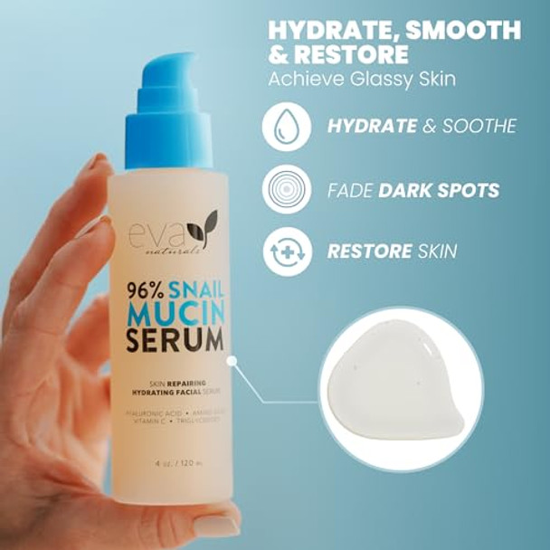 Eva Naturals Snail Mucin Serum For Face 4Oz Korean Skincare Moisturizing & Rejuvenating Serum For All Skin Types Eva Naturals Snail Mucin Serum For Face 4Oz Korean Skincare Moisturizing & Rejuvenating Serum For All Skin Types