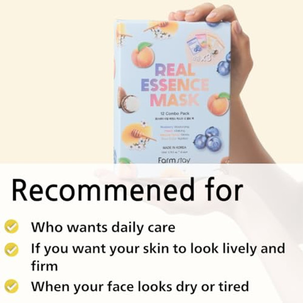 Farmstay Real Essence Facial Sheet 12Pack Korean Skincare Mask Combohypoallergenicmoisturizingnourishingvitalizing Refreshing0.78 Fl.Oz.12 Ea (Coconutavocadopeachmango)