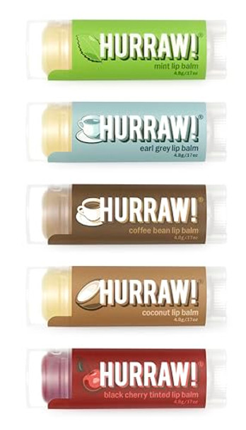Hurraw Lip Balms: Staff Favorites 5 Balm Bundle Pack Mint Earl Grey Coffee Bean Coconut Black Cherry (Sheer Red Tint). Organic  Vegan Cruelty & Gluten . All Natural. Made In Usa Hurraw Lip Balms: Staff Favorites 5 Balm Bundle Pack Mint Earl Grey Coffee Bean Coconut Black Cherry (Sheer Red Tint). Organic  Vegan Cruelty & Gluten . All Natural. Made In Usa