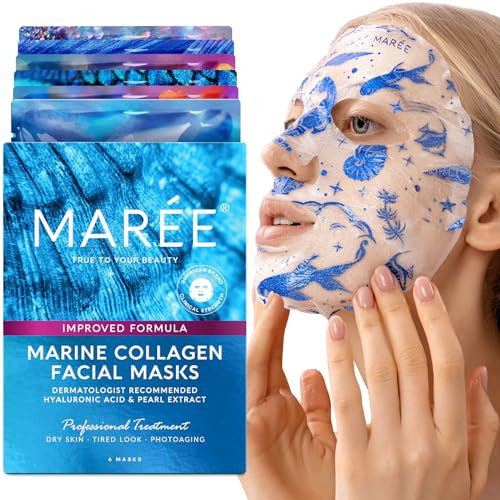 Maree Collagen Facial Mask With Hyaluronic Acid Sheet Face Masks Skincare With Green & Red Algae Extract Hydrating Mascarillas Faciales For Women Skin Care 6 Count