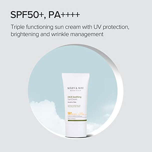 Mary&Maycica Soothing Sun Cream Spf50+ Pa++++ 1.69 Fl Oz / 50Ml Light Absorption Nonsticky Spf Hydration No White Cast Cica Facial Daily Care Cruelty  Vegan
